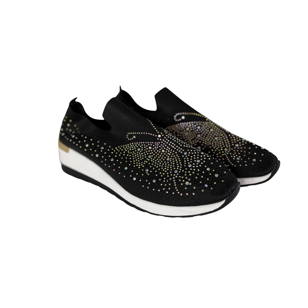 Black Rhinestone Butterfly Knit Slip On Wedge Sneakers Gold Trim Womens Size 42